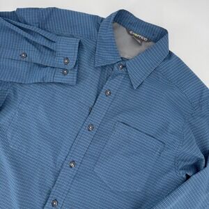 ExOfficio Mens Medium Blue Gray Micro Plaid Long Sleeve Hiking Button Down Shirt